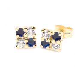 Pendientes-Eles-mujer-cuadrado-4-circonitas-azul-Oro-amarillo-18K