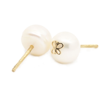 Pendientes-Eles-niña-perla- 6.5 mm-mariposa- Oro-amarillo-18K