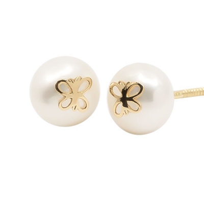 Pendientes-Eles-niña-perla- 6.5 mm-mariposa- Oro-amarillo-18K
